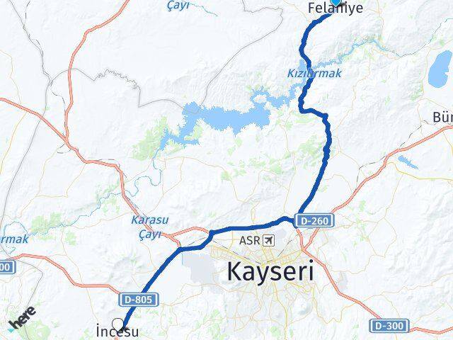 Kayseri Felahiye İncesu Arası Kaç Km - Yol Haritası