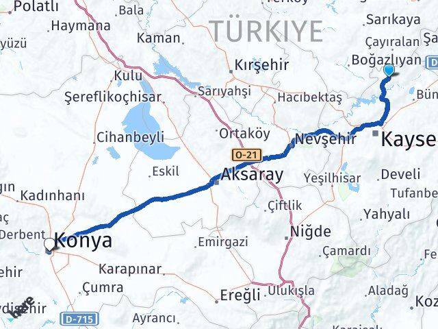 Kayseri Felahiye Konya Arası Kaç Km - Yol Haritası