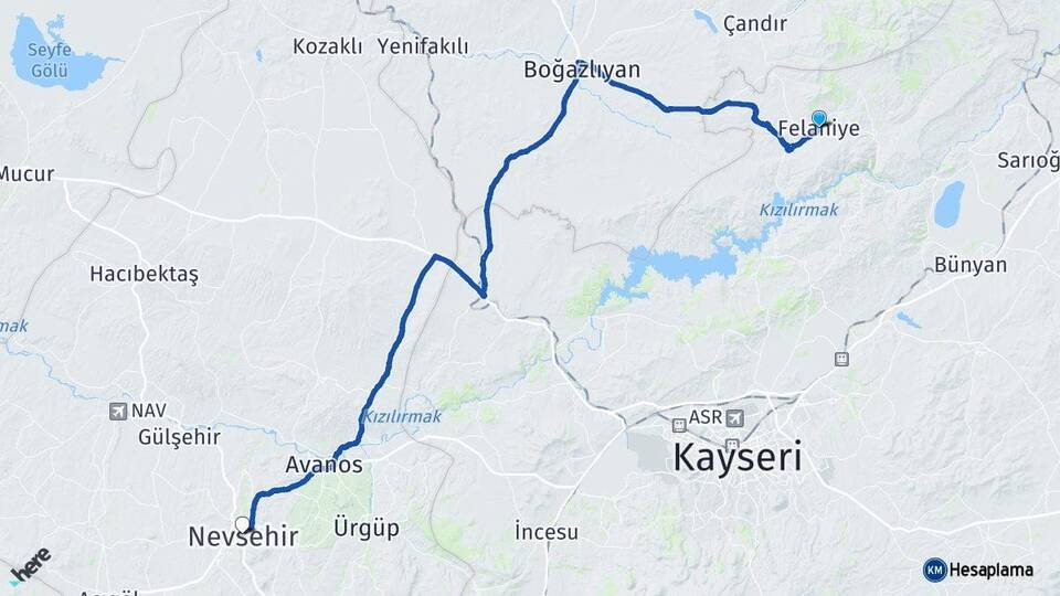 Kayseri Felahiye Nevşehir Arası Kaç Km - Yol Haritası