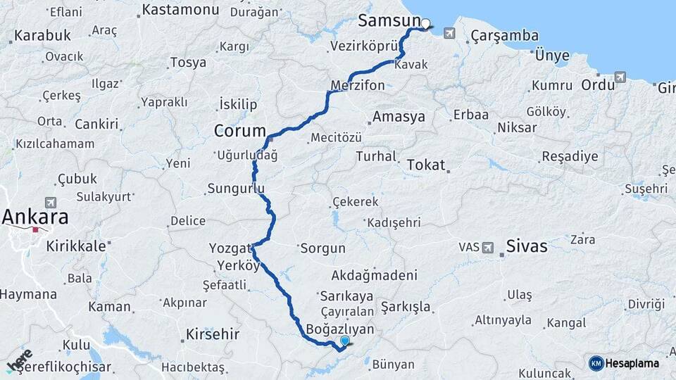 Kayseri Felahiye Samsun Arası Kaç Km - Yol Haritası