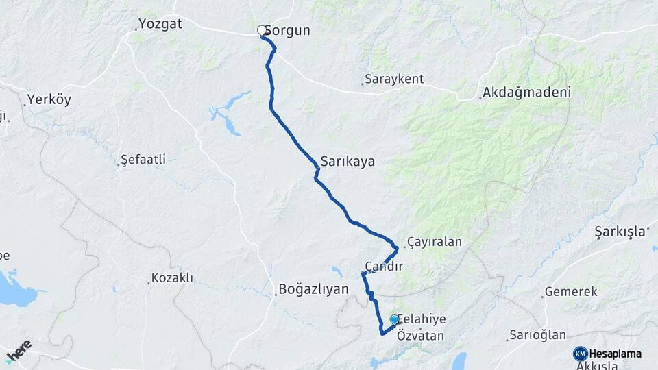 Kayseri Felahiye Sorgun Yozgat Arası Kaç Km - Yol Haritası