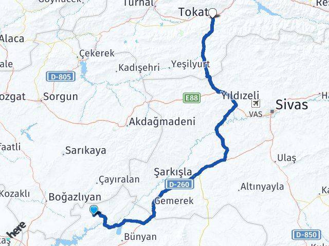Kayseri Felahiye Tokat Arası Kaç Km - Yol Haritası