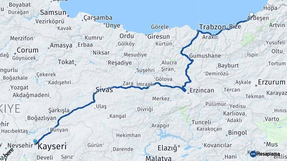 Kayseri Fındıklı Rize Arası Kaç Km - Yol Haritası