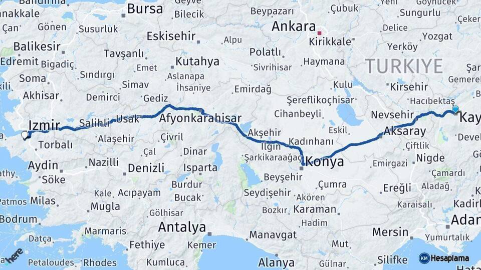 Kayseri Gaziemir İzmir Arası Kaç Km - Yol Haritası