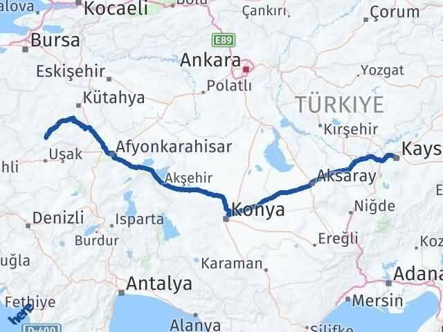 Kayseri Gediz Kütahya Arası Kaç Km - Yol Haritası