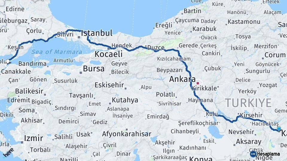 Kayseri Gelibolu Çanakkale Arası Kaç Km - Yol Haritası