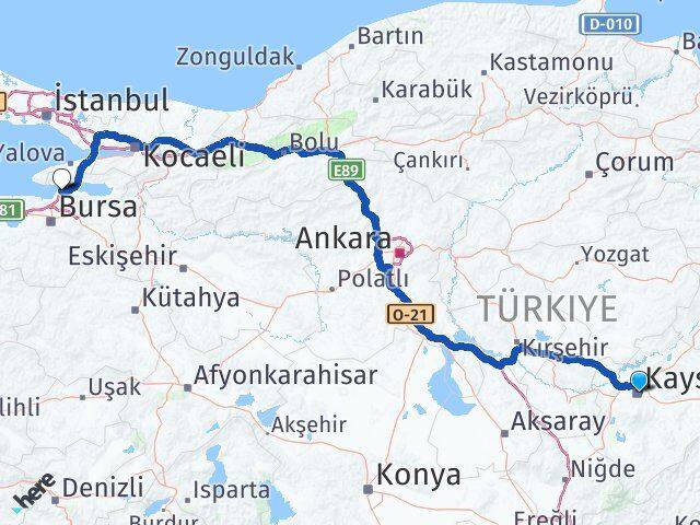 Kayseri Gemlik Bursa Arası Kaç Km - Yol Haritası