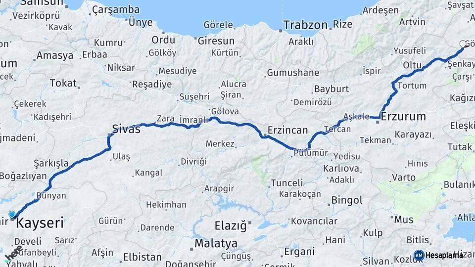 Kayseri Göle Ardahan Arası Kaç Km - Yol Haritası
