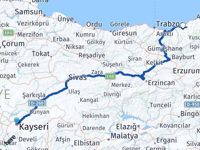 Kayseri Güneysu Rize Arası Kaç Km - Yol Haritası