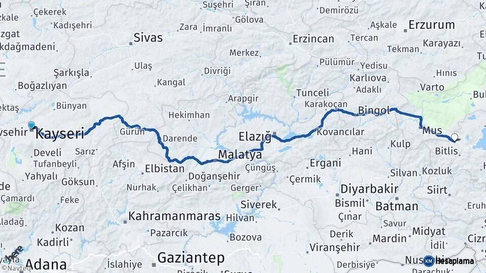 Kayseri Güroymak Bitlis Arası Kaç Km - Yol Haritası