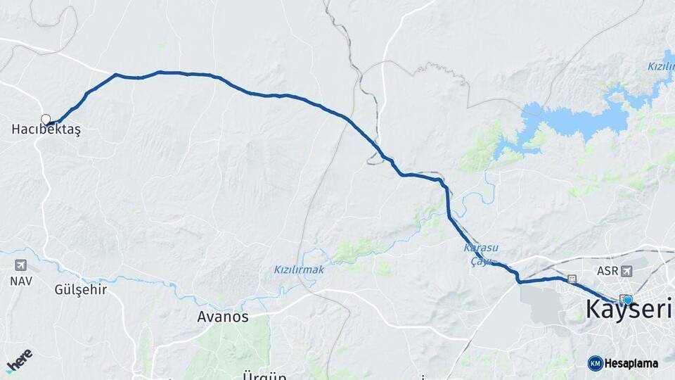 Kayseri Hacıbektaş Nevşehir Arası Kaç Km - Yol Haritası