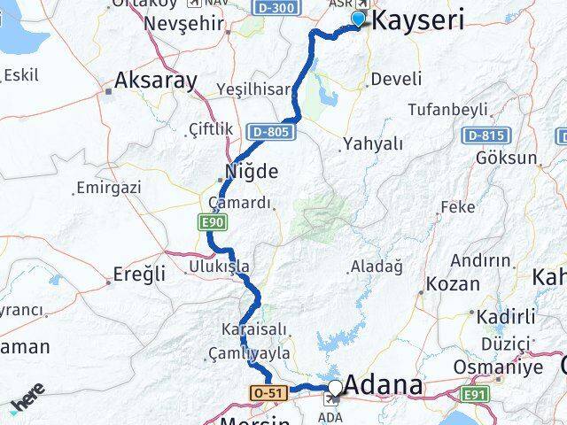Kayseri Hacılar Adana Arası Kaç Km - Yol Haritası