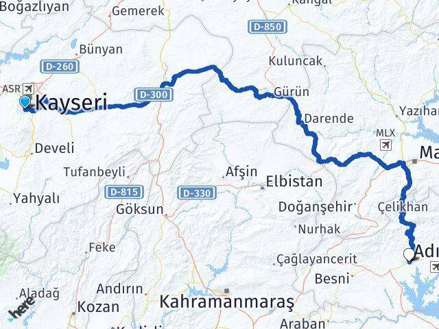Kayseri Hacılar Adıyaman Arası Kaç Km - Yol Haritası