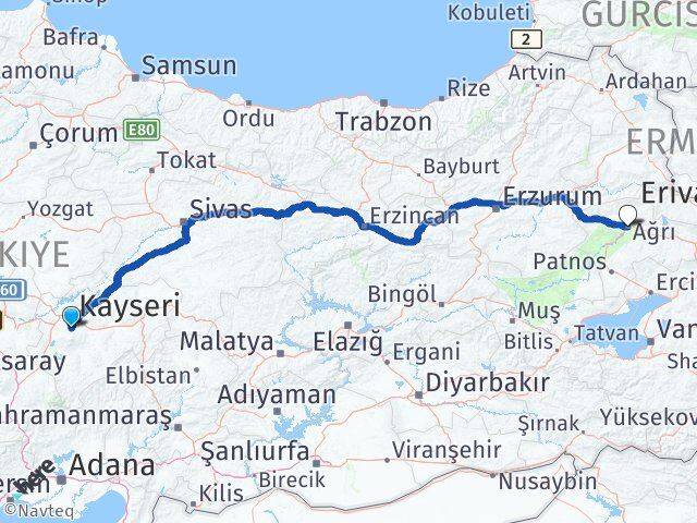 Kayseri Hacılar Ağrı Arası Kaç Km - Yol Haritası