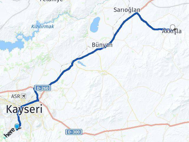 Kayseri Hacılar Akkışla Arası Kaç Km - Yol Haritası