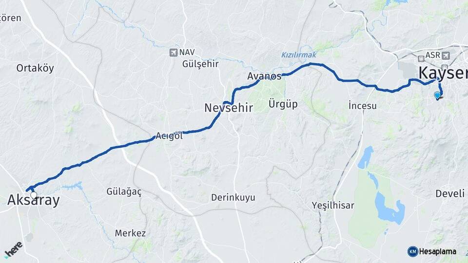 Kayseri Hacılar Aksaray Arası Kaç Km - Yol Haritası