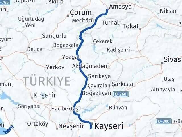 Kayseri Hacılar Amasya Arası Kaç Km - Yol Haritası