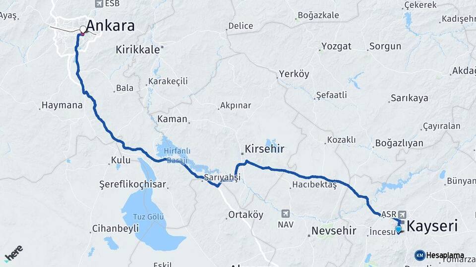 Kayseri Hacılar Ankara Arası Kaç Km - Yol Haritası