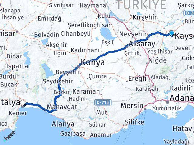 Kayseri Hacılar Antalya Arası Kaç Km - Yol Haritası