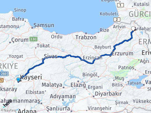Kayseri Hacılar Ardahan Arası Kaç Km - Yol Haritası