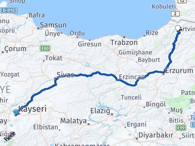 Kayseri Hacılar Artvin Arası Kaç Km - Yol Haritası