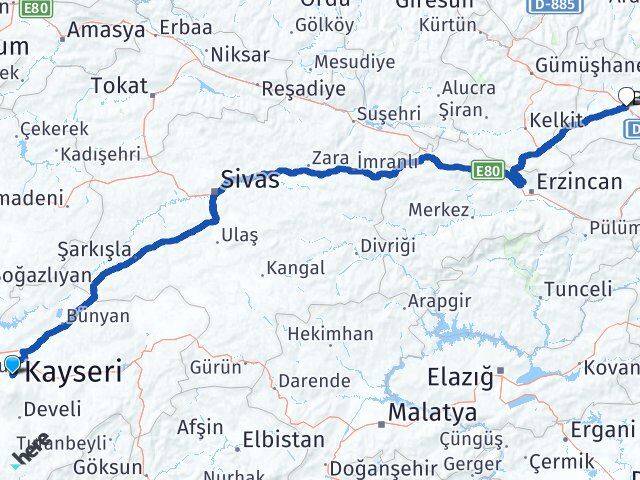 Kayseri Hacılar Bayburt Arası Kaç Km - Yol Haritası