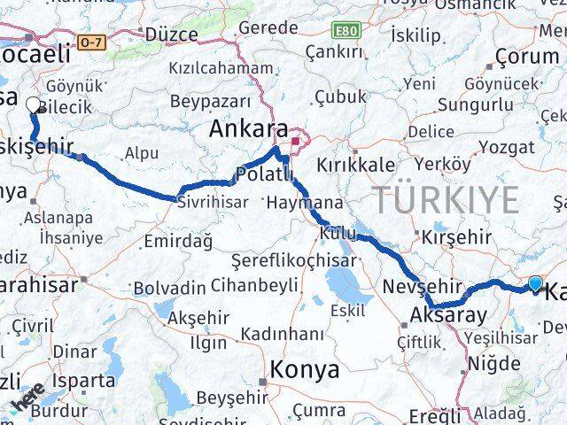 Kayseri Hacılar Bilecik Arası Kaç Km - Yol Haritası