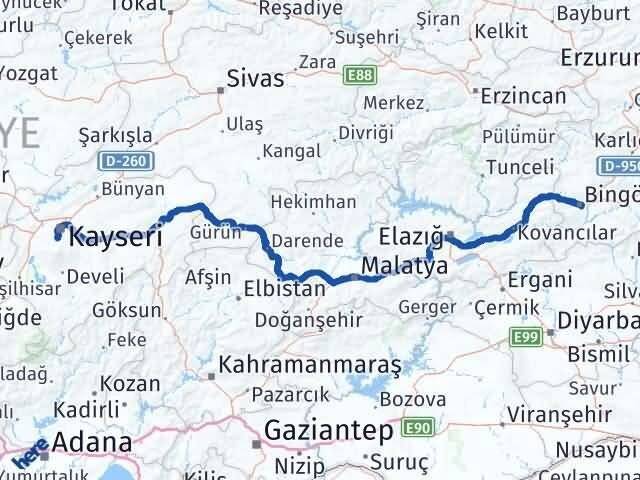 Kayseri Hacılar Bingöl Arası Kaç Km - Yol Haritası