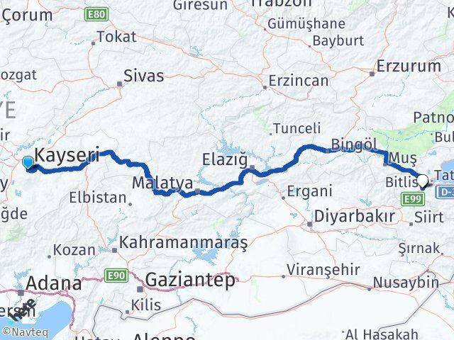 Kayseri Hacılar Bitlis Arası Kaç Km - Yol Haritası