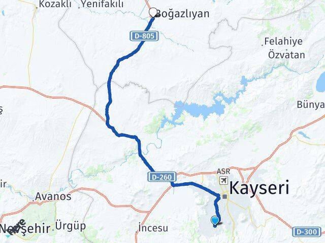 Kayseri Hacılar Boğazlıyan Yozgat Arası Kaç Km - Yol Haritası