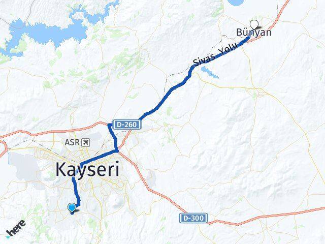 Kayseri Hacılar Bünyan Arası Kaç Km - Yol Haritası