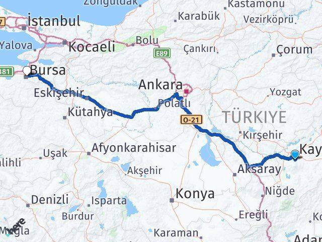 Kayseri Hacılar Bursa Arası Kaç Km - Yol Haritası