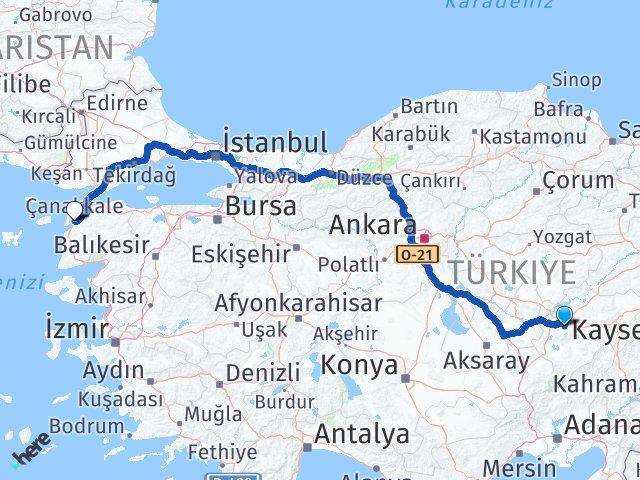 Kayseri Hacılar Çanakkale Arası Kaç Km - Yol Haritası