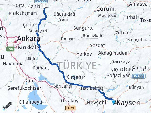 Kayseri Hacılar Çankırı Arası Kaç Km - Yol Haritası