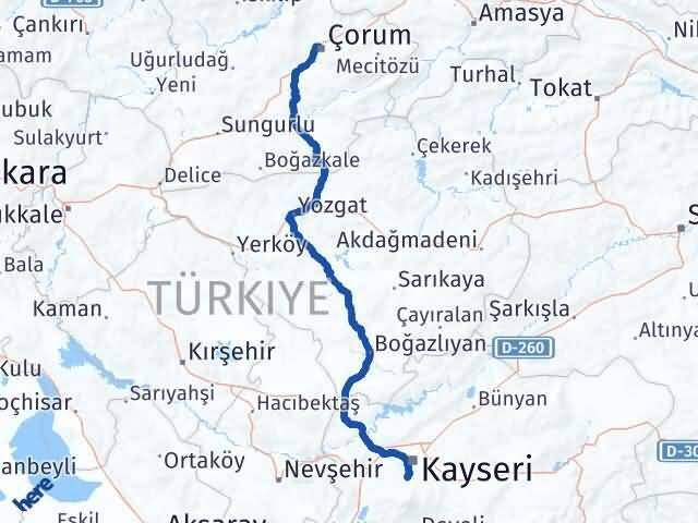 Kayseri Hacılar Çorum Arası Kaç Km - Yol Haritası