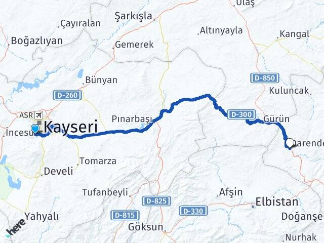 Kayseri Hacılar Darende Malatya Arası Kaç Km - Yol Haritası