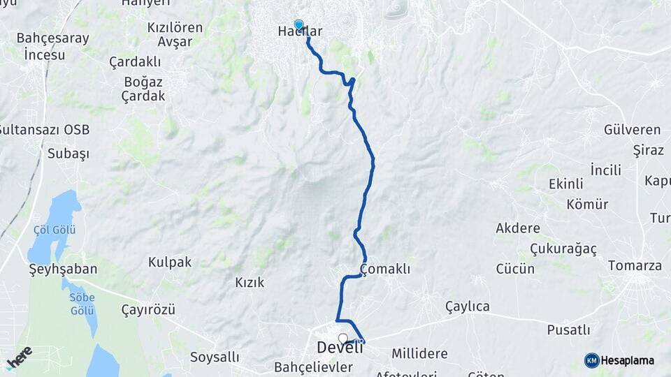 Kayseri Hacılar Develi Arası Kaç Km - Yol Haritası