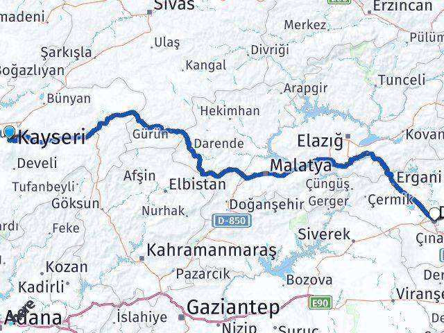 Kayseri Hacılar Diyarbakır Arası Kaç Km - Yol Haritası