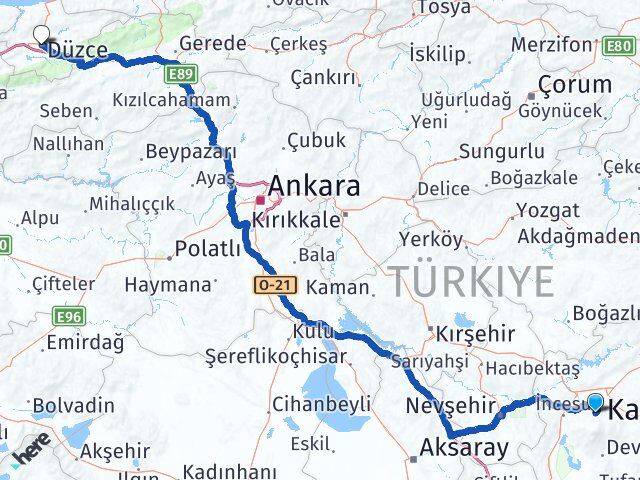 Kayseri Hacılar Düzce Arası Kaç Km - Yol Haritası