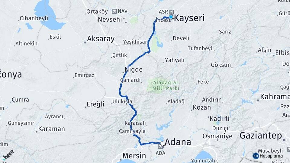 Kayseri Hacılar Erciyes Adana Arası Kaç Km - Yol Haritası