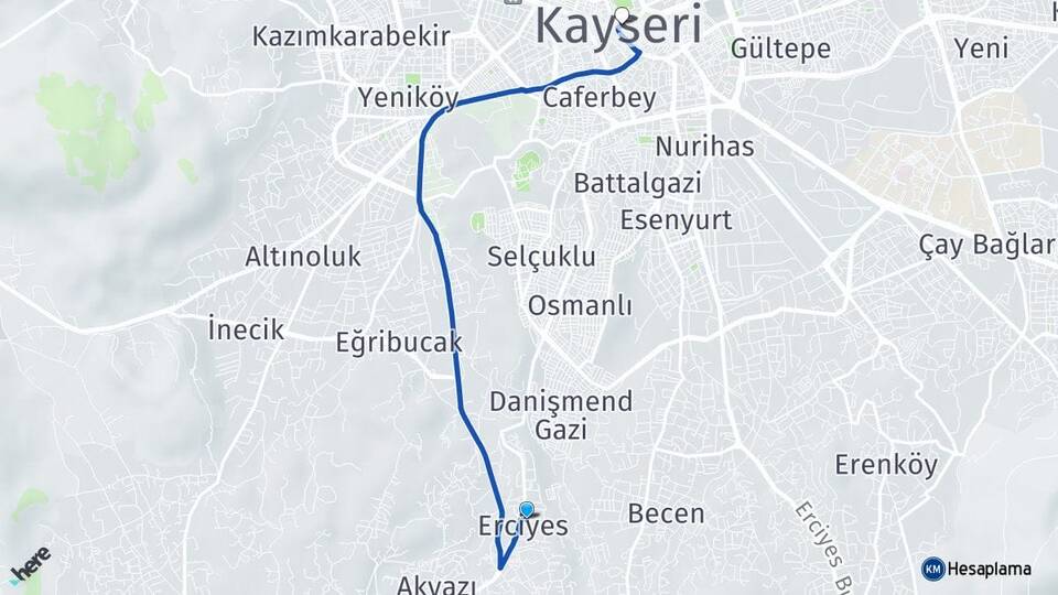 Kayseri Hacılar Erciyes Arası Kaç Km - Yol Haritası