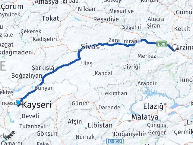 Kayseri Hacılar Erzincan Arası Kaç Km - Yol Haritası