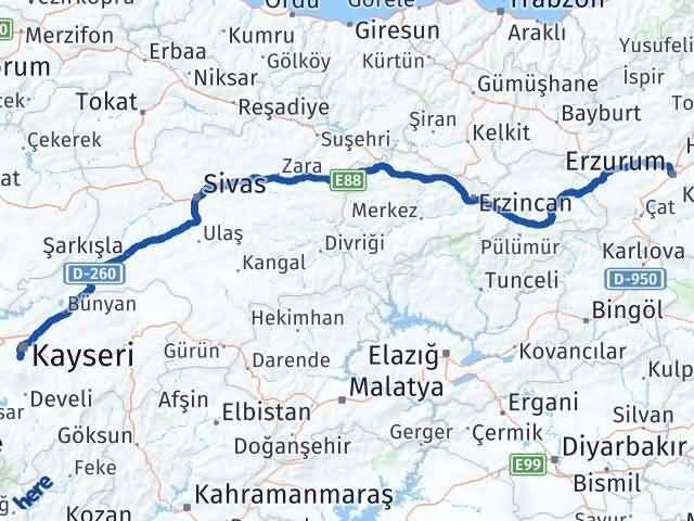 Kayseri Hacılar Erzurum Arası Kaç Km - Yol Haritası