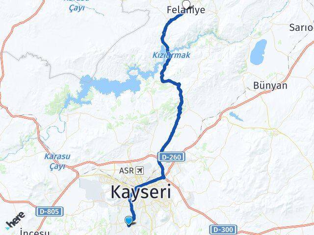 Kayseri Hacılar Felahiye Arası Kaç Km - Yol Haritası