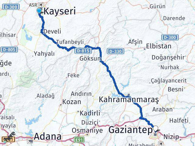 Kayseri Hacılar Gaziantep Arası Kaç Km - Yol Haritası