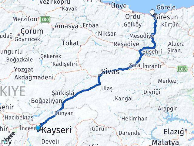 Kayseri Hacılar Giresun Arası Kaç Km - Yol Haritası