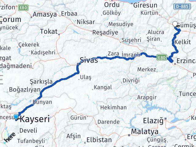 Kayseri Hacılar Gümüşhane Arası Kaç Km - Yol Haritası