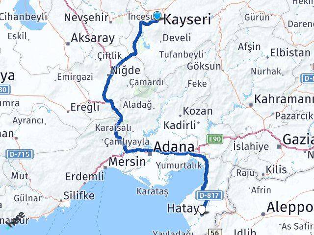 Kayseri Hacılar Hatay Arası Kaç Km - Yol Haritası