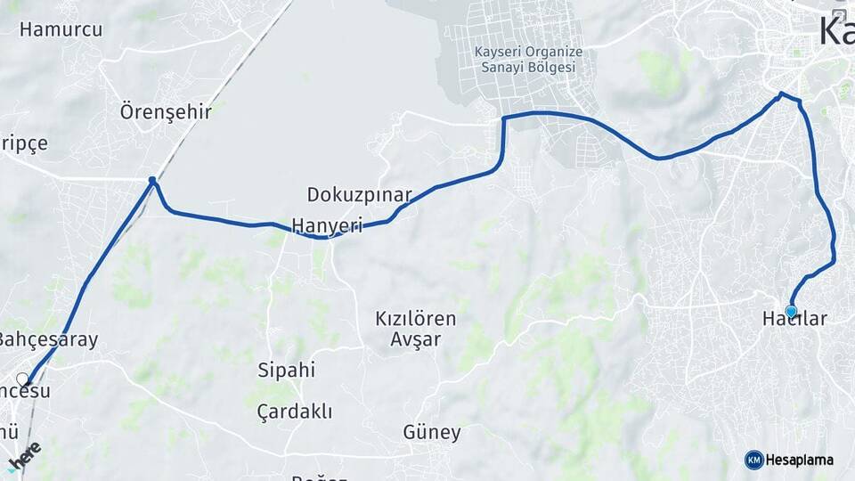 Kayseri Hacılar İncesu Arası Kaç Km - Yol Haritası