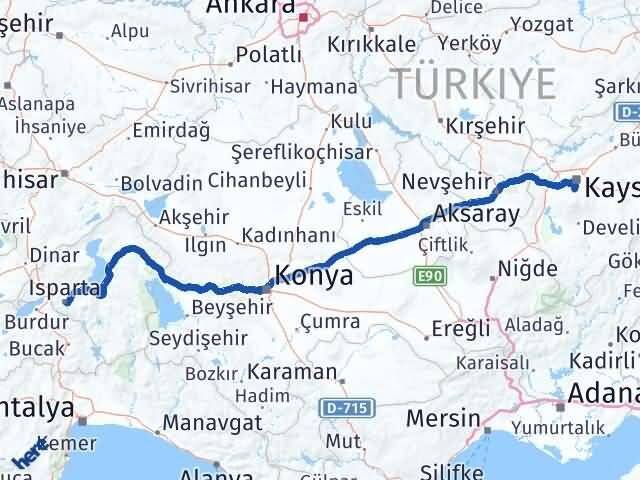 Kayseri Hacılar Isparta Arası Kaç Km - Yol Haritası